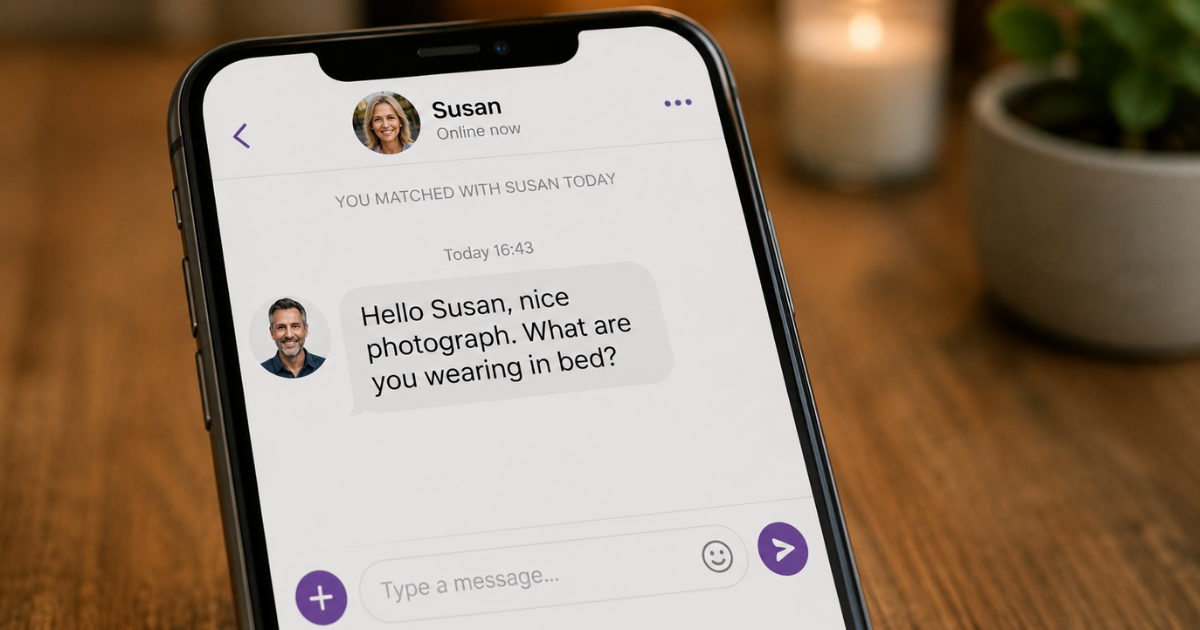 Dating app message to Susan saying, “Nice photograph. What are you wearing in bed?” illustrating an overly sexual first message. Dating app message to Susan saying, “Nice photograph. What are you wearing in bed?” illustrating an overly sexual first message.