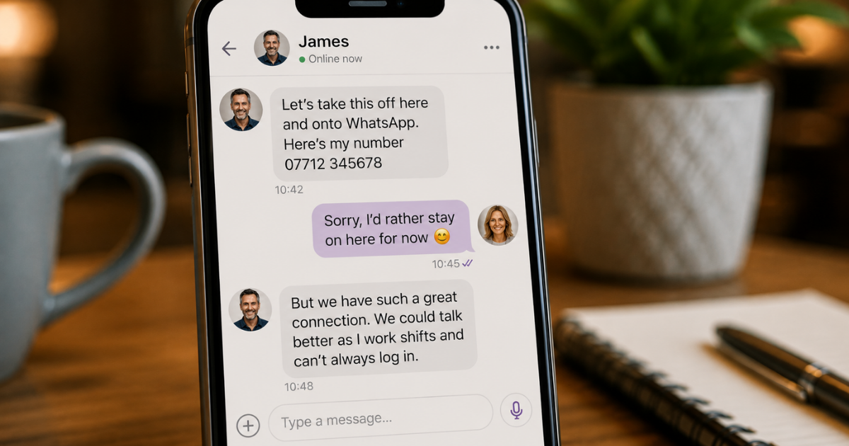 Dating app conversation showing someone being pressured to move quickly to WhatsApp after saying they would rather stay on the dating app. Dating app conversation showing someone being pressured to move quickly to WhatsApp after saying they would rather stay on the dating app.