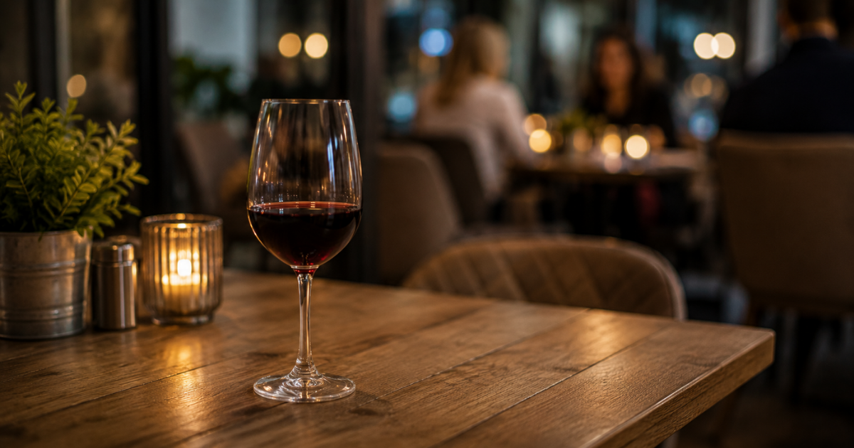 Glass of wine left unattended on a table in a busy restaurant, illustrating first-date safety when meeting someone from online dating. Glass of wine left unattended on a table in a busy restaurant, illustrating first-date safety when meeting someone from online dating.