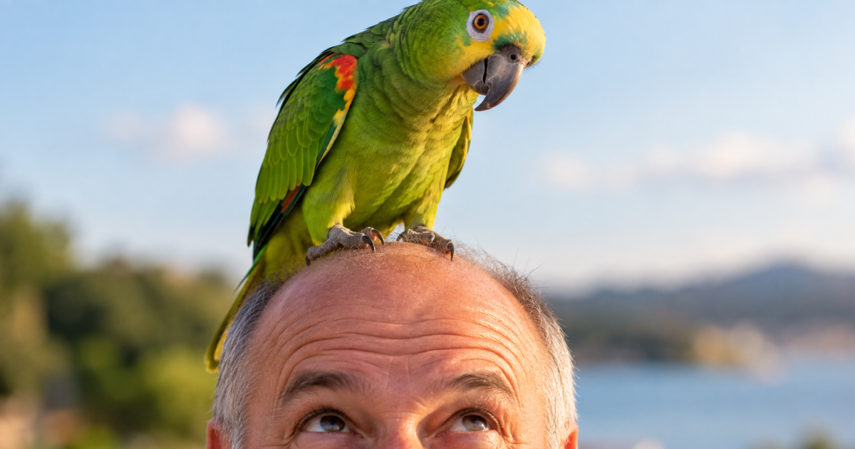 Green parrot perched on the head of a balding man over 50, illustrating how a distracting dating profile photo can make the prop more memorable than the person.