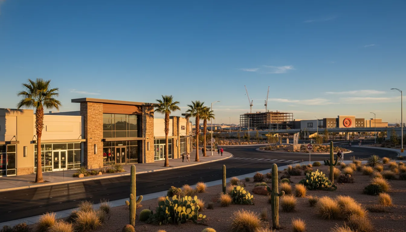 East Side of Exit 8 St. George real estate update featuring shopping center, desert landscaping, and upcoming hospitality construction