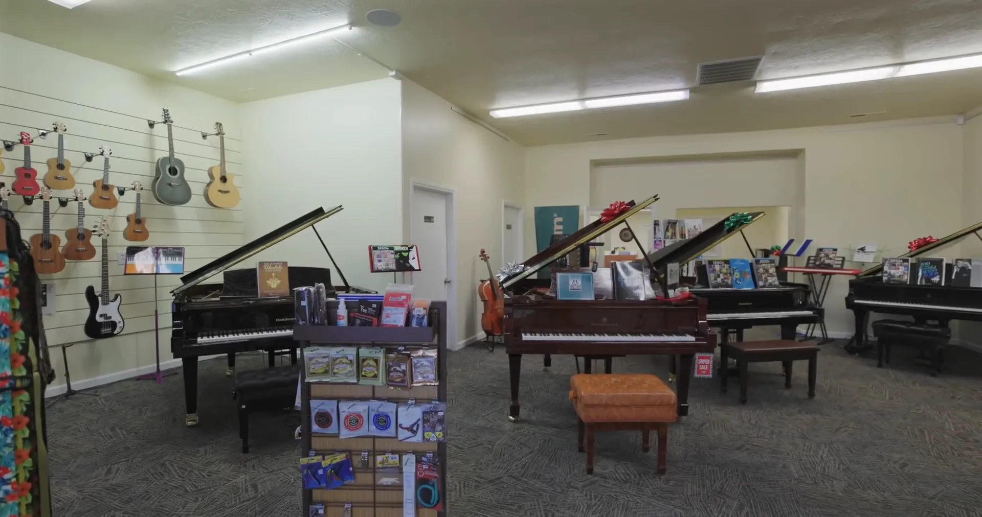 Gentry Music store interior with instruments and art supplies