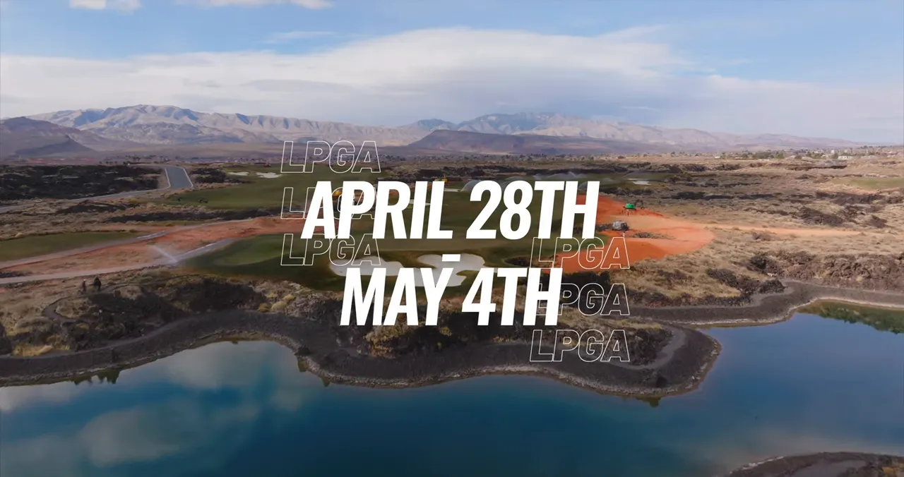 Aerial golf course and lake view with text reading April 28th May 4th