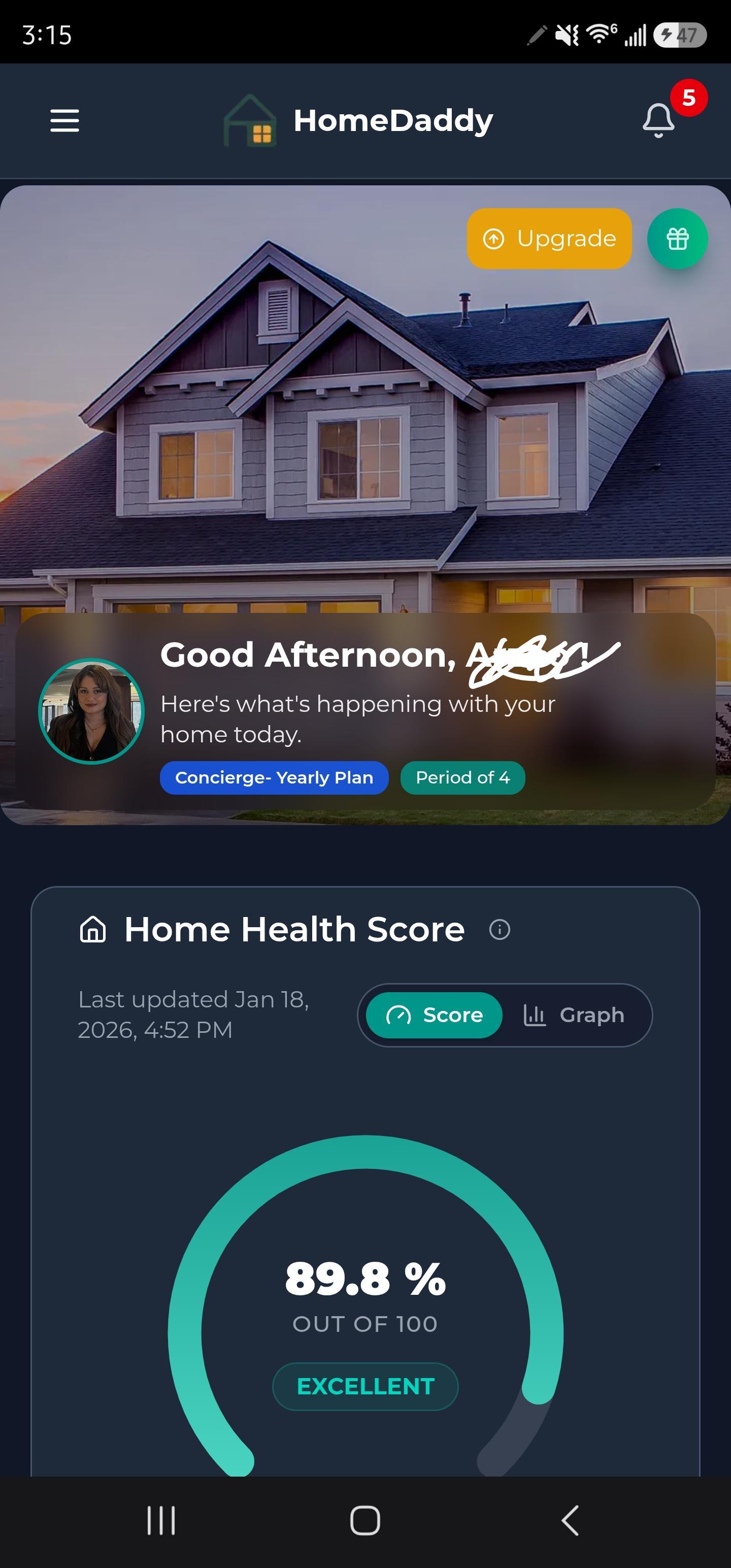HomeDaddy app showing the Home Health Score and component breakdown