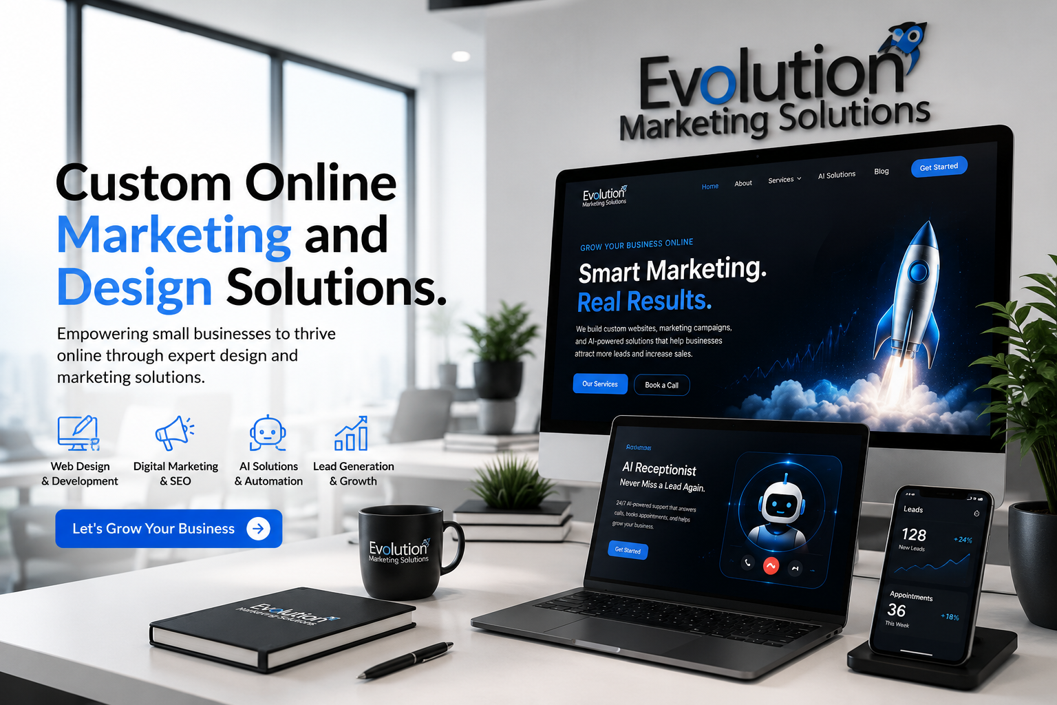 Evolution Marketing Solutions website and AI receptionist