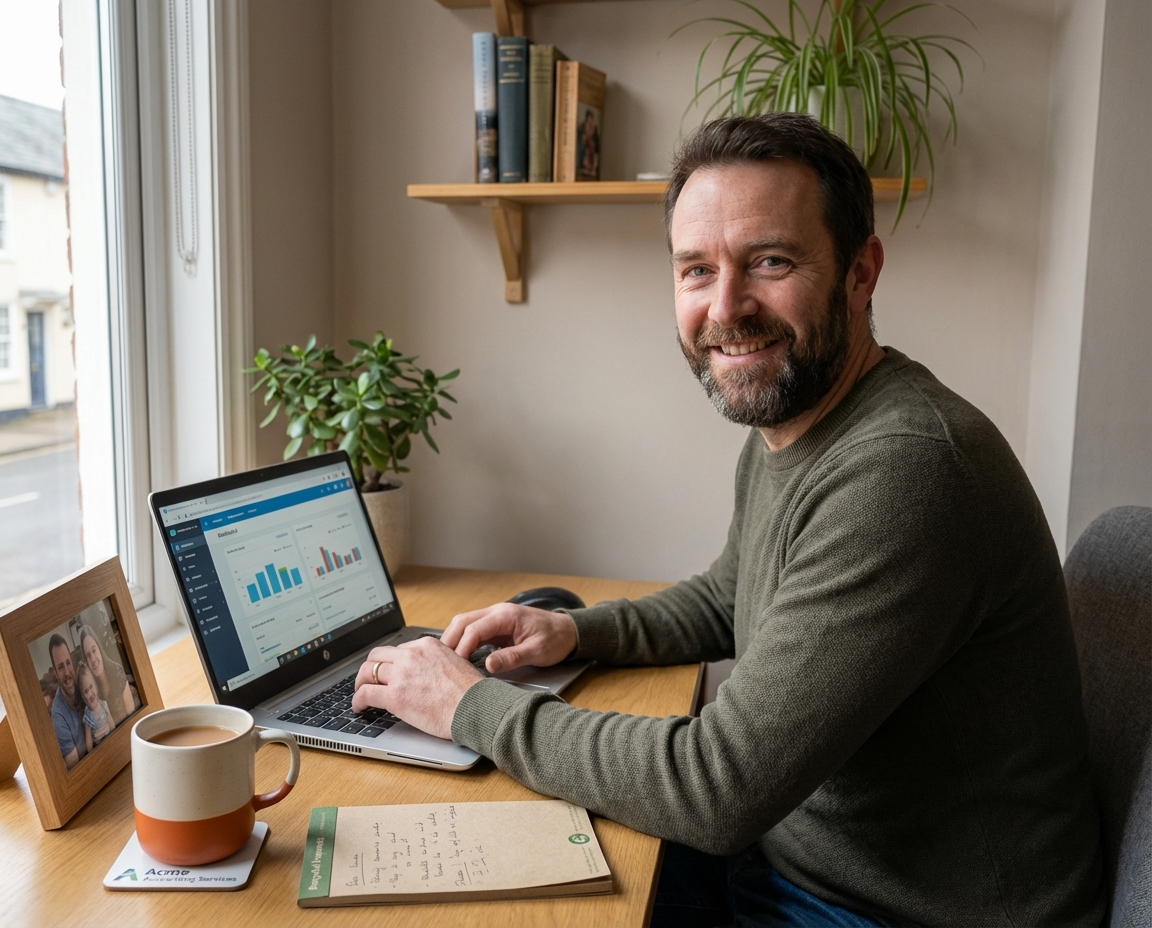 Small business owner reviewing financial records with a bookkeeper in Woodbridge, Suffolk