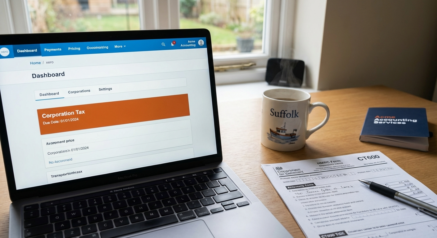 A limited company director at a desk reviewing financial documents, representing the process of understanding a corporation tax return