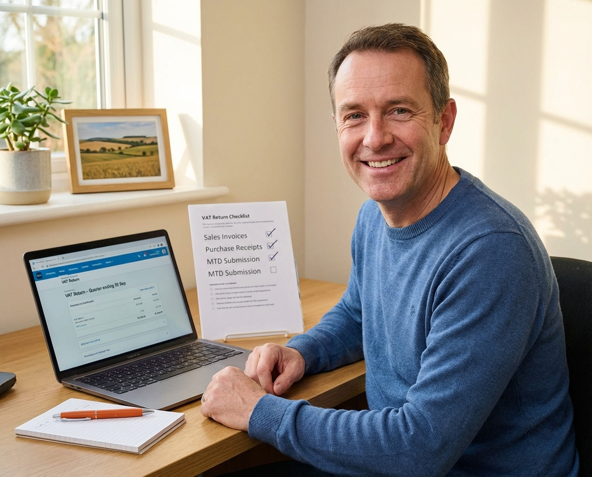 Small business owner reviewing VAT return paperwork at a desk, representing how VAT returns work for sole traders and small businesses