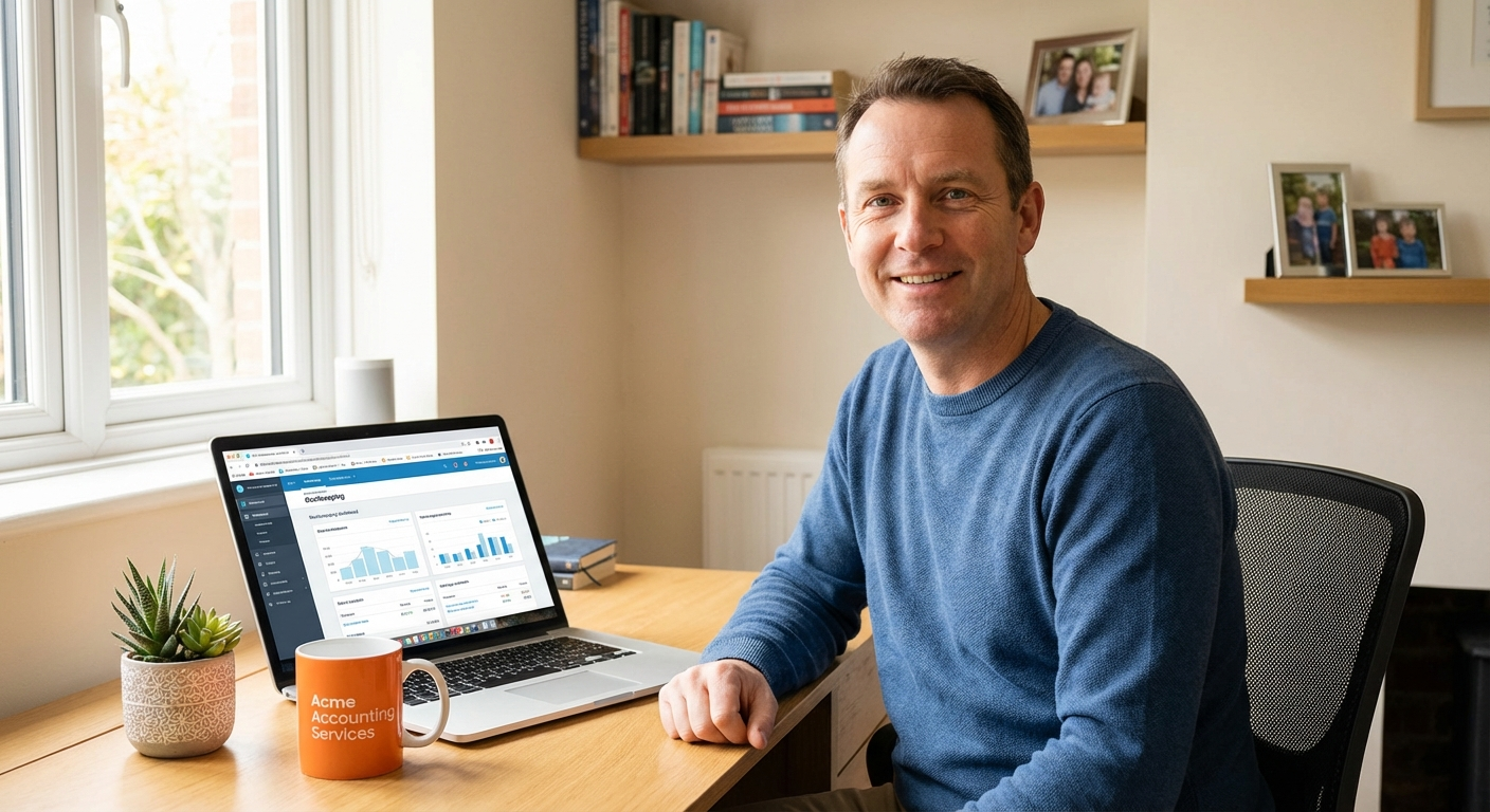 Small business owner reviewing financial records on a laptop, considering an online bookkeeping service