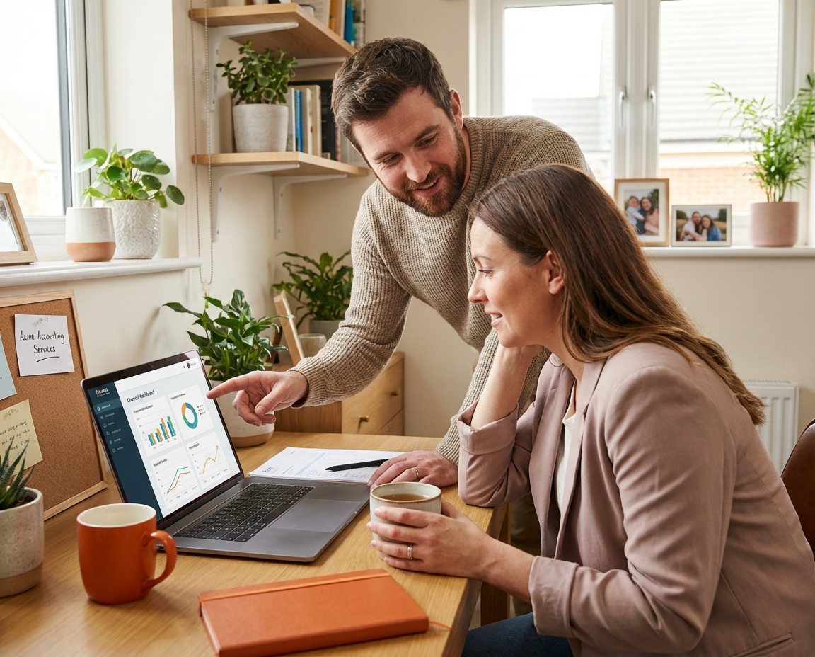 A coach or consultant reviewing bookkeeping records and financial documents at a desk