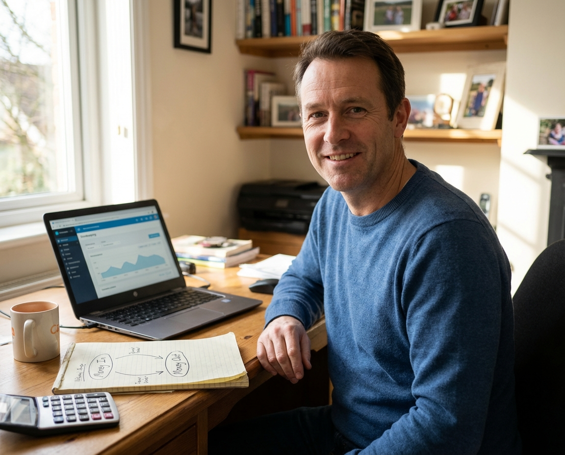 Sole trader reviewing accounts on a laptop, illustrating a practical guide to managing sole trader accounts