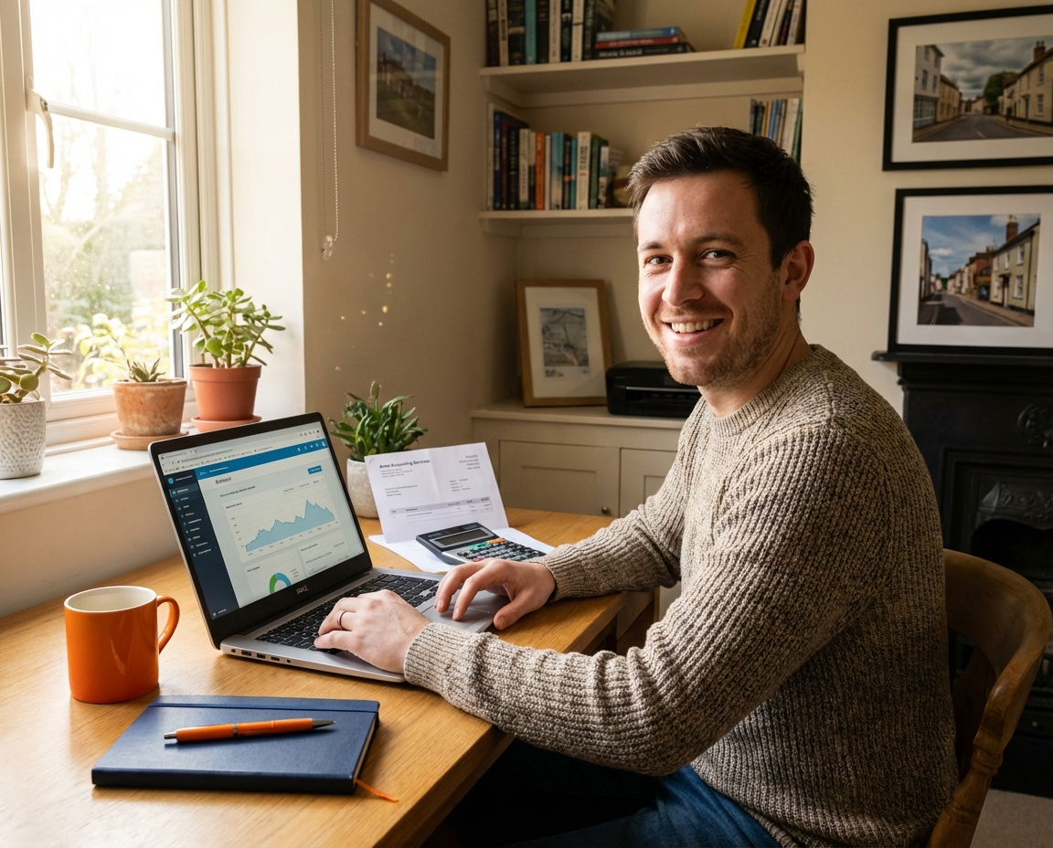 Small business owner at a desk looking at financial paperwork, considering whether to hire a bookkeeper