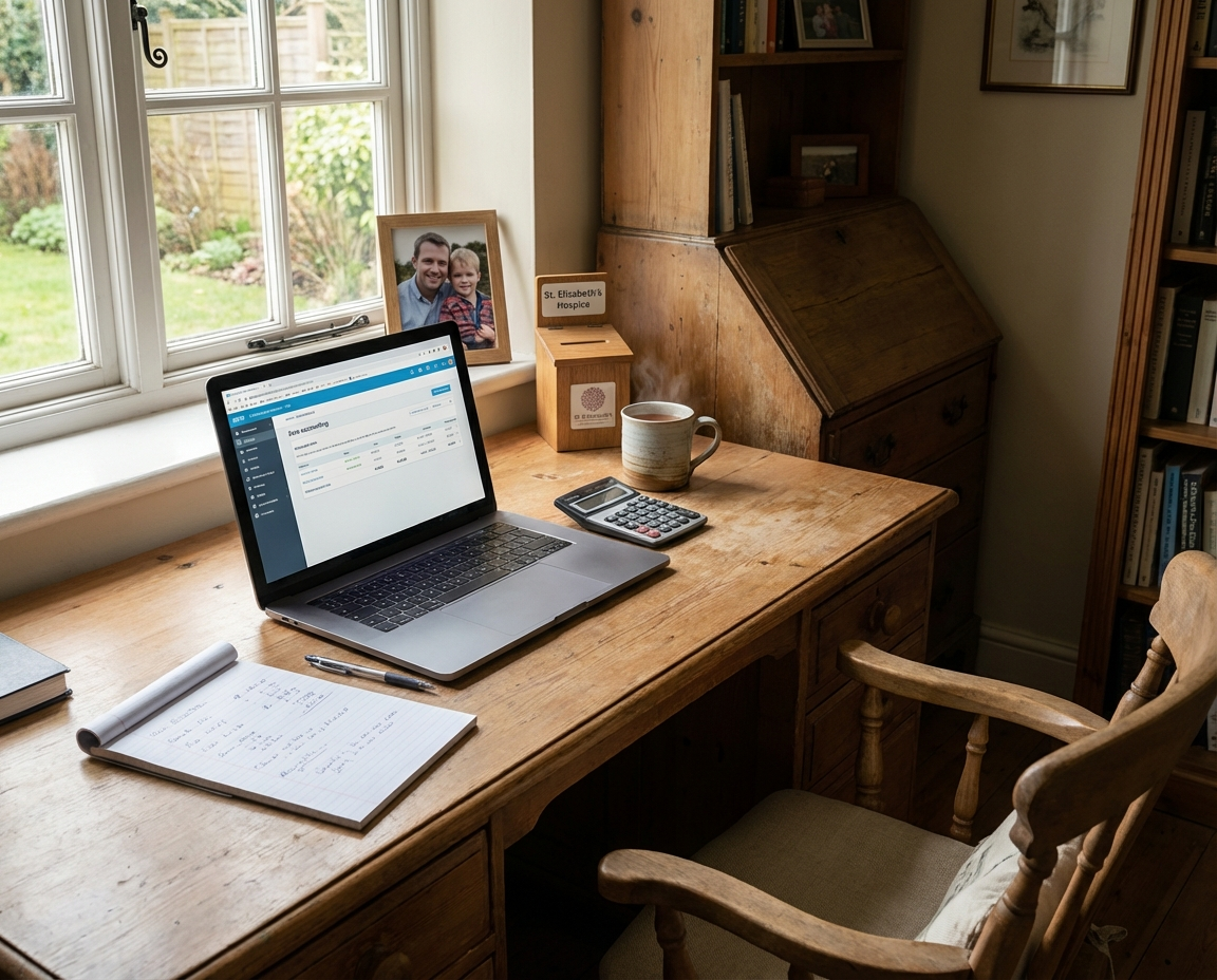 Home improvement contractor reviewing business finances and bookkeeping paperwork at a desk