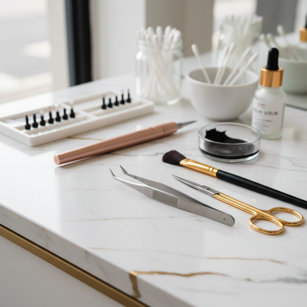 close up of tools used in an eye brow studio