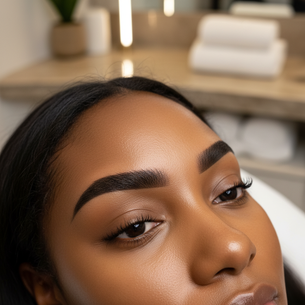 A detailed close-up of a finished Henna Brow treatment on a model with deep skin tones. The brows are bold, dark, and perfectly structured with a matte finish. The henna has created a flawless, defined shape on the skin beneath the hairs. High-end spa aesthetic, sharp focus, vibrant and professional.