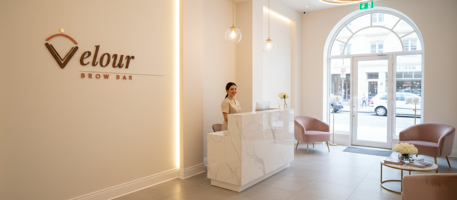 brow bar studio inside entrance use the attached logo, edit for clarity but dont change it