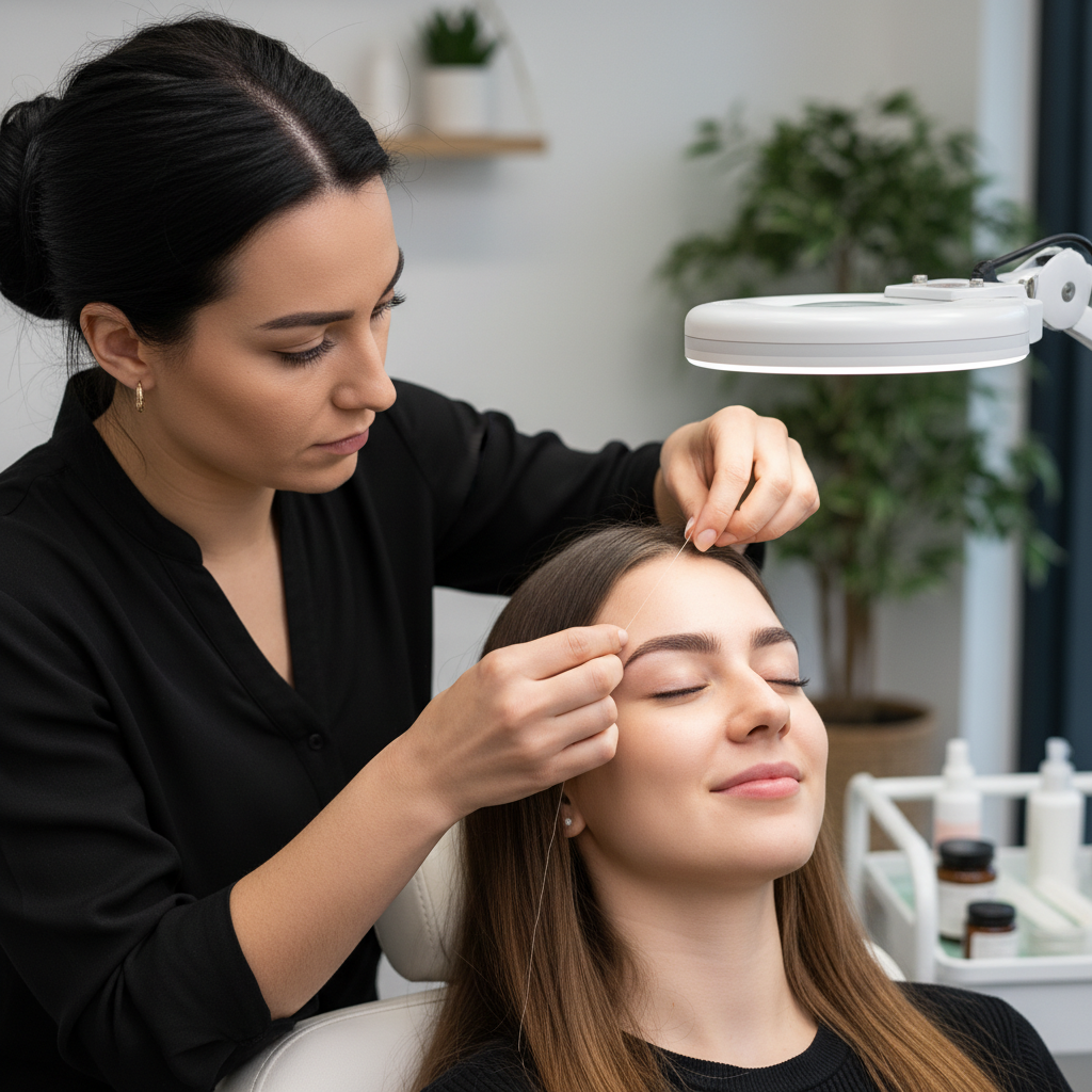 brow stylist doing eye brow threading on a customer a precise, chemical-free hair removal technique originating from Asia and the Middle East, using a twisted cotton thread to trap and lift hair from the root