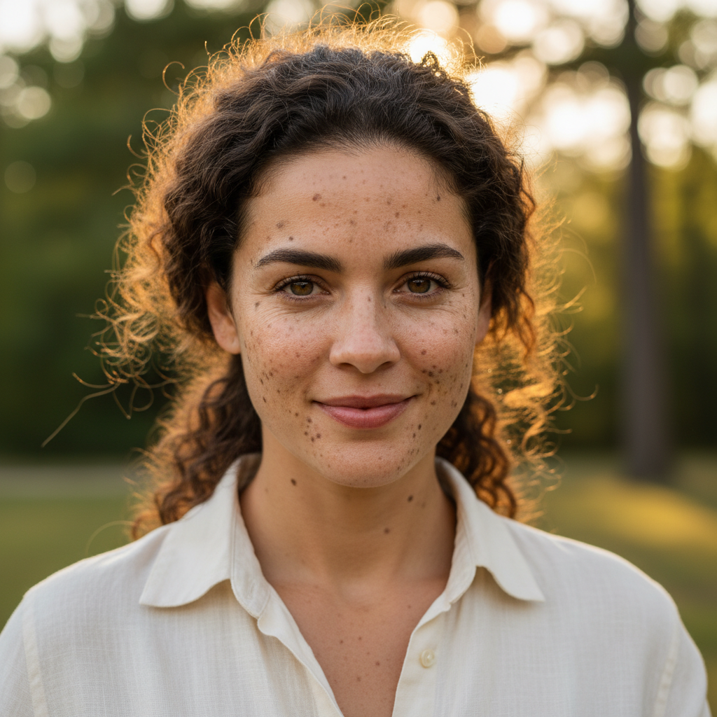 woman with “hyperpigmentation and dark spots on cheeks and forehead”
“uneven skin tone”