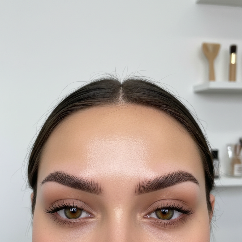 A close-up of perfectly symmetrical eyebrows after a Precision Mapping and Waxing service. The arches are clean, sharp, and highly defined, with all stray hairs removed. The skin around the brow is smooth and hydrated. Professional aesthetic, bright and airy studio lighting, minimalist beauty style.