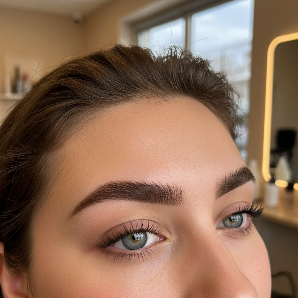 eyebrow Lamination and tint the most dramatic full fluffy tinted brow result (Brow lamination is a semi-permanent, non-invasive cosmetic treatment that lifts, straightens, and sets eyebrow hairs into a desired shape, creating the appearance of fuller, thicker, and more defined brows)