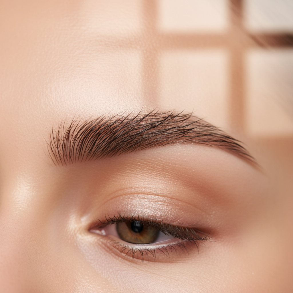 fluffy brushed-up laminated brows, which (Brow lamination is a semi-permanent, non-invasive cosmetic treatment that lifts, straightens, and sets eyebrow hairs into a desired shape, creating the appearance of fuller, thicker, and more defined brows)