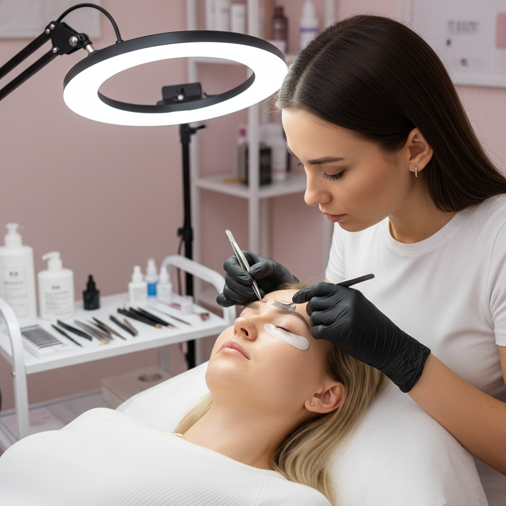woman preforming an eyelash service
