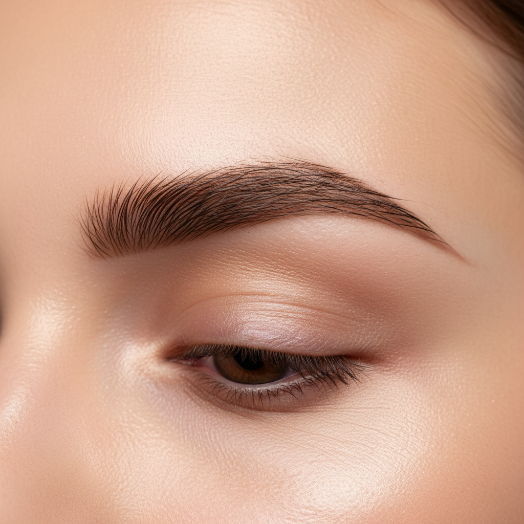 An extreme close-up of a model's eyebrows after a professional Hybrid Tint service. The brows are a rich, warm chestnut brown with a soft ombre fade at the front and a crisp, sharp tail. The skin is glowing and clean, showing a subtle tint stain for a filled-in look. High-definition beauty photography, studio lighting.