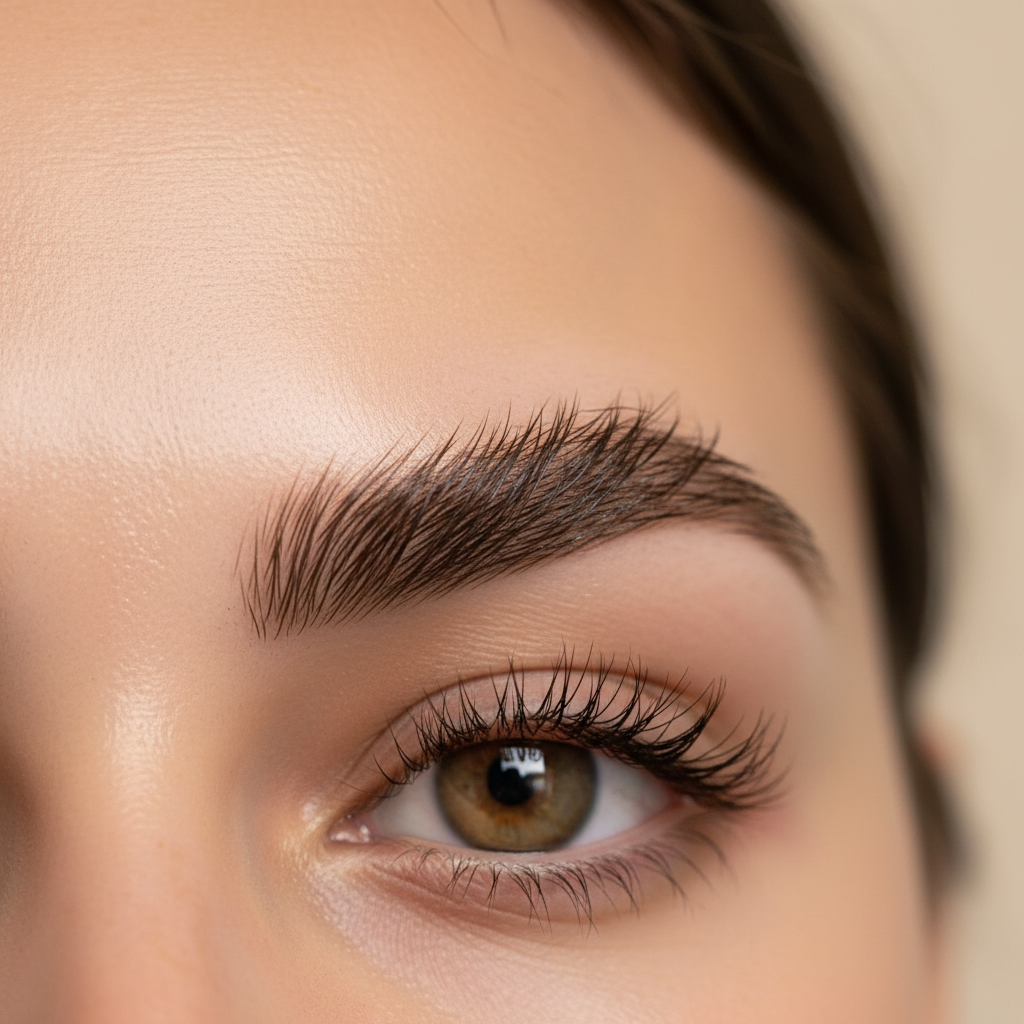 A macro beauty shot of finished Brow Lamination. The eyebrow hairs are perfectly 