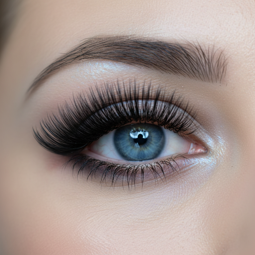 extreme close up of reverse cat eye lash extensions the model has super blue eyes