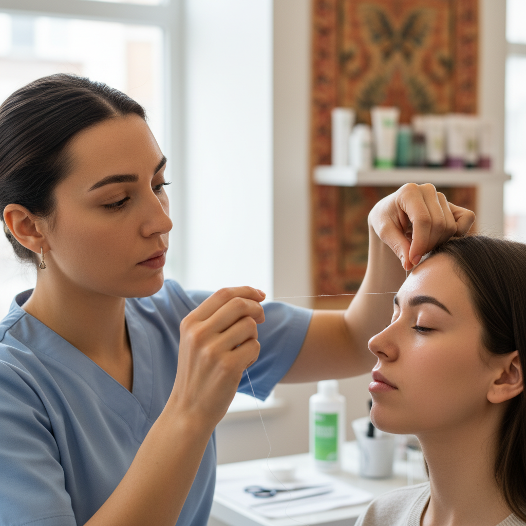 brow stylist doing eye brow threading on a customer a precise, chemical-free hair removal technique originating from Asia and the Middle East, using a twisted cotton thread to trap and lift hair from the root