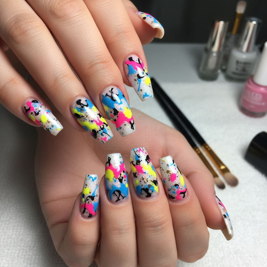 coffin finger nails professionally done with paint splatter polish