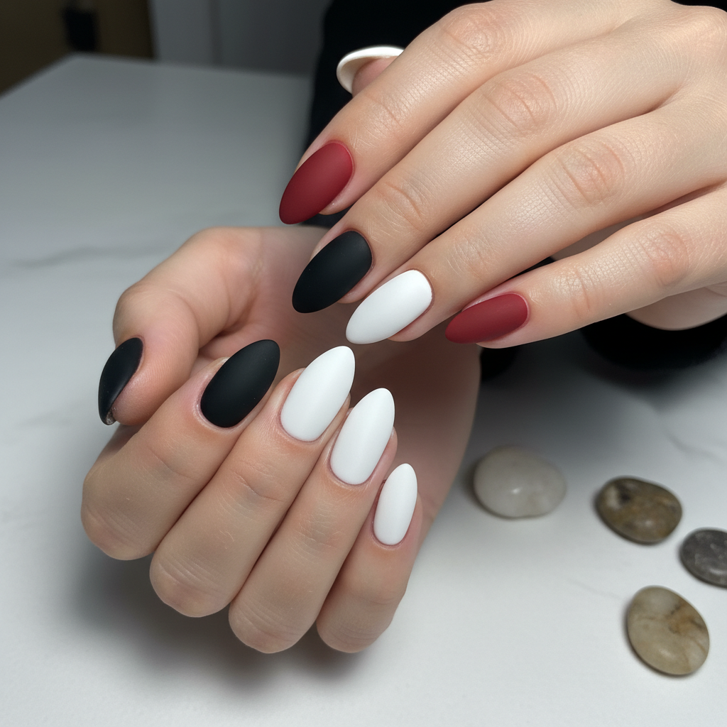 alternating black and white nails with 1 nail on each hand red, matte finish