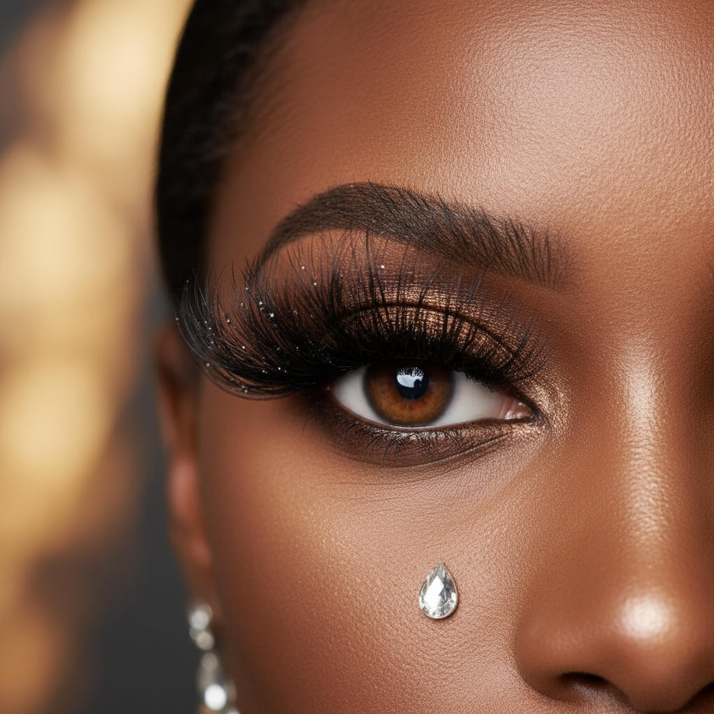 extreme close up of black model with super extreme volume lash extentions
