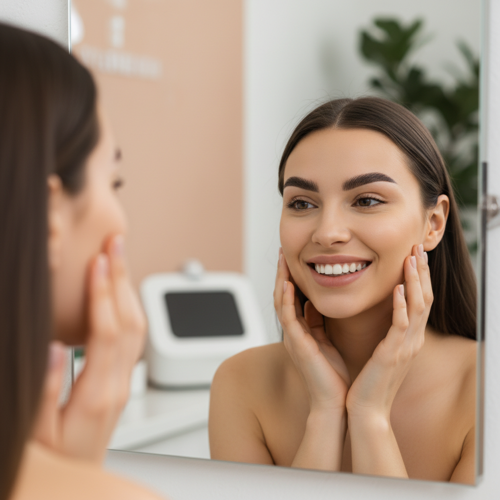 A happy client looking into a the mirror after her brow service, blurred background.