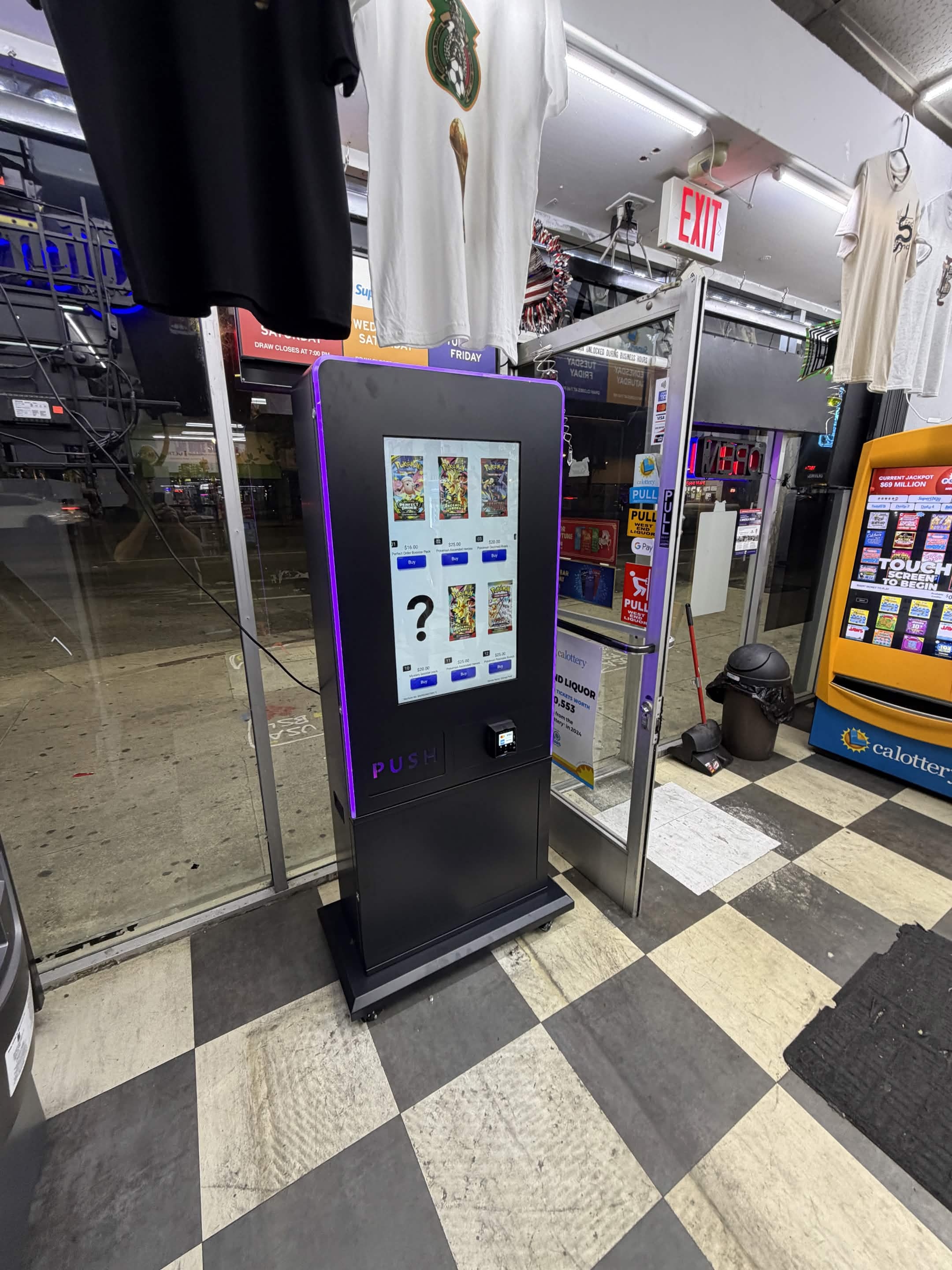 Collectible card machine beside local store merchandise