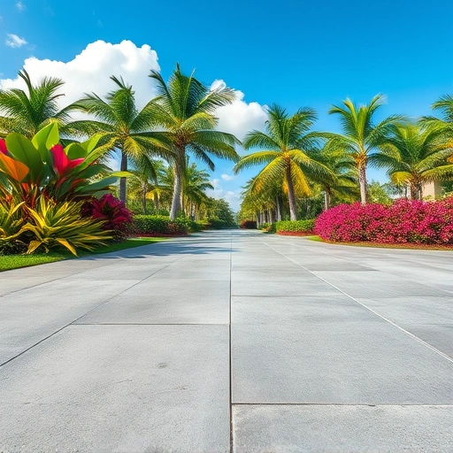 Completed concrete repair in Miami with smooth gray surface, tropical plants, and blue sky creating a vibrant scene.