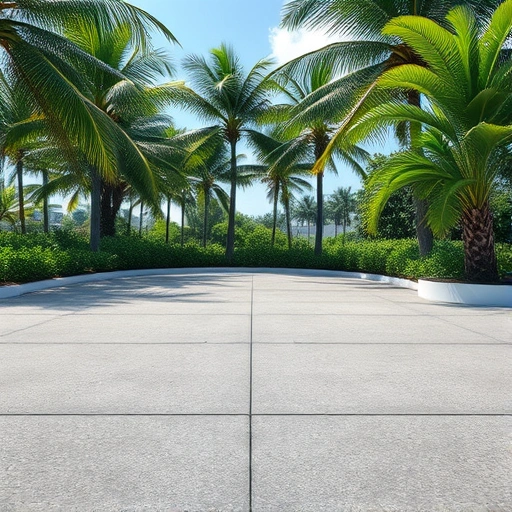 Freshly completed concrete repair in Miami with smooth texture, light gray hue, and tropical foliage backdrop.