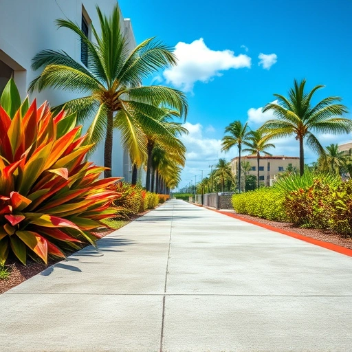 Freshly repaired light gray concrete sidewalk in Miami framed by tropical plants and a clear blue sky.