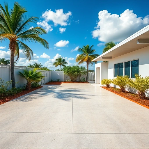 Completed concrete repair in Miami with smooth surface, tropical landscaping, blue sky, and professional tools.