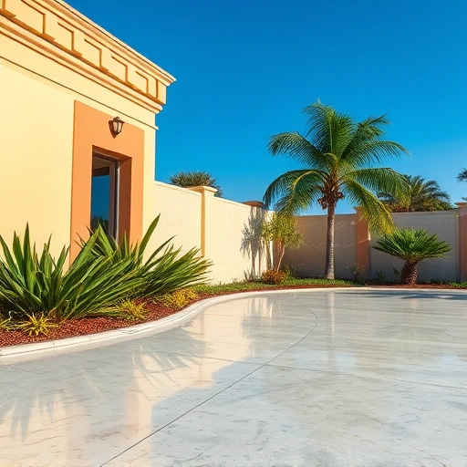 Freshly restored concrete surface in Miami, surrounded by tropical plants and local architectural style.