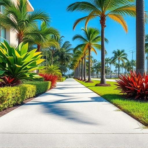 Freshly resurfaced concrete sidewalk in Miami, surrounded by tropical plants and palm trees under a clear blue sky.