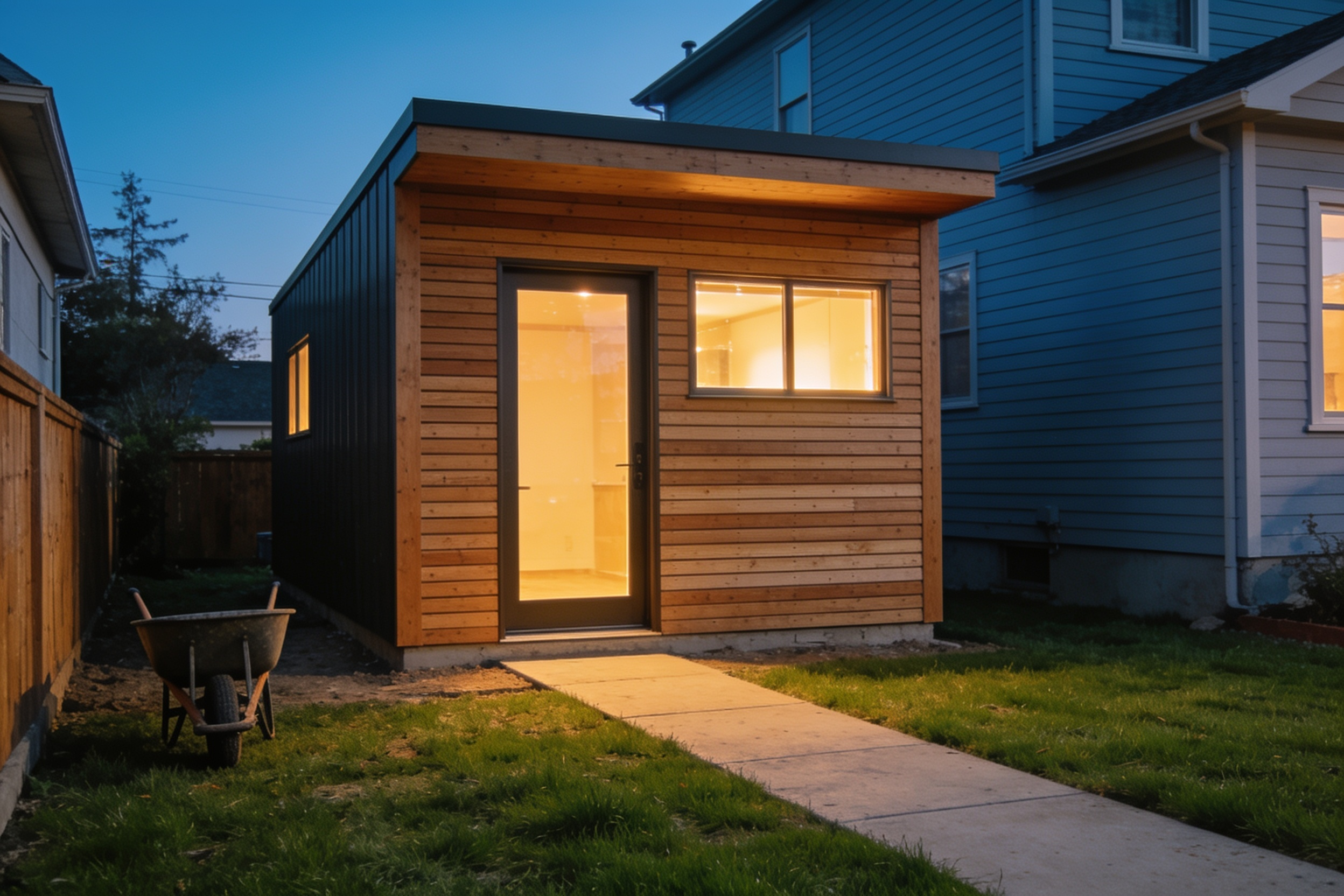 Newly built backyard ADU with warm light glowing from its windows at dusk