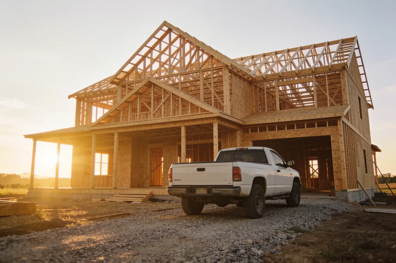 New custom home framing at sunrise with a white pickup truck in the drive