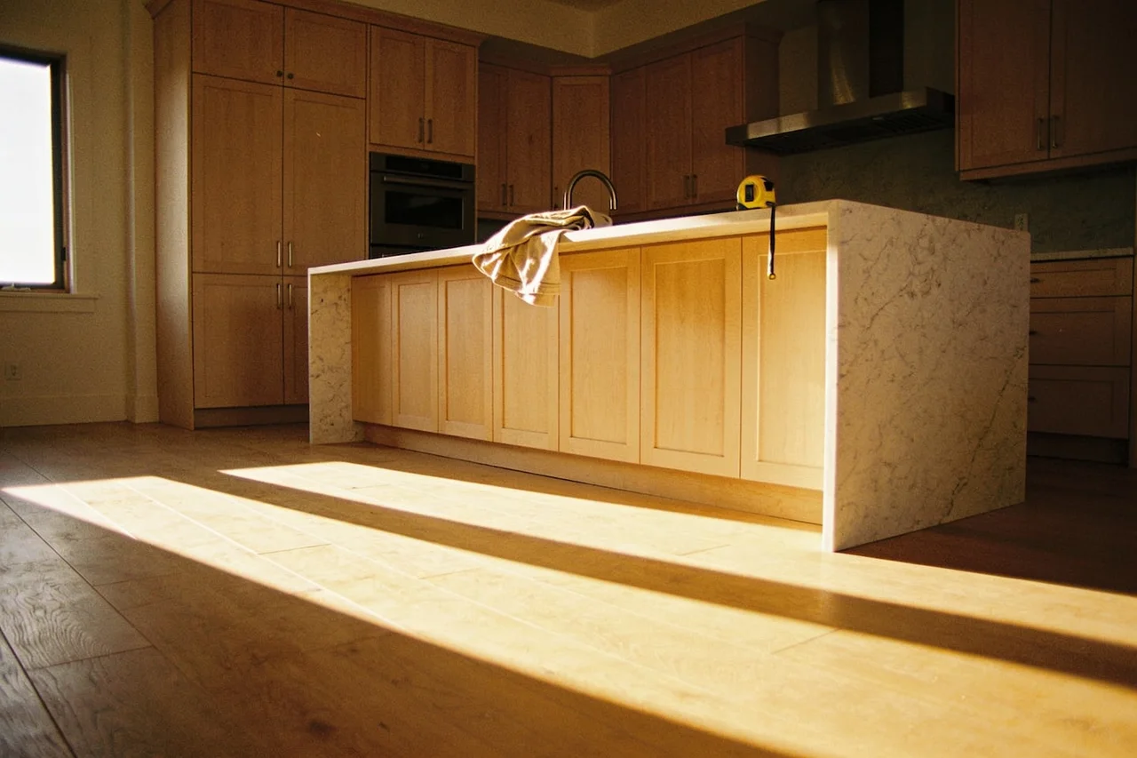 Finished kitchen remodel with a quartz waterfall island in afternoon light