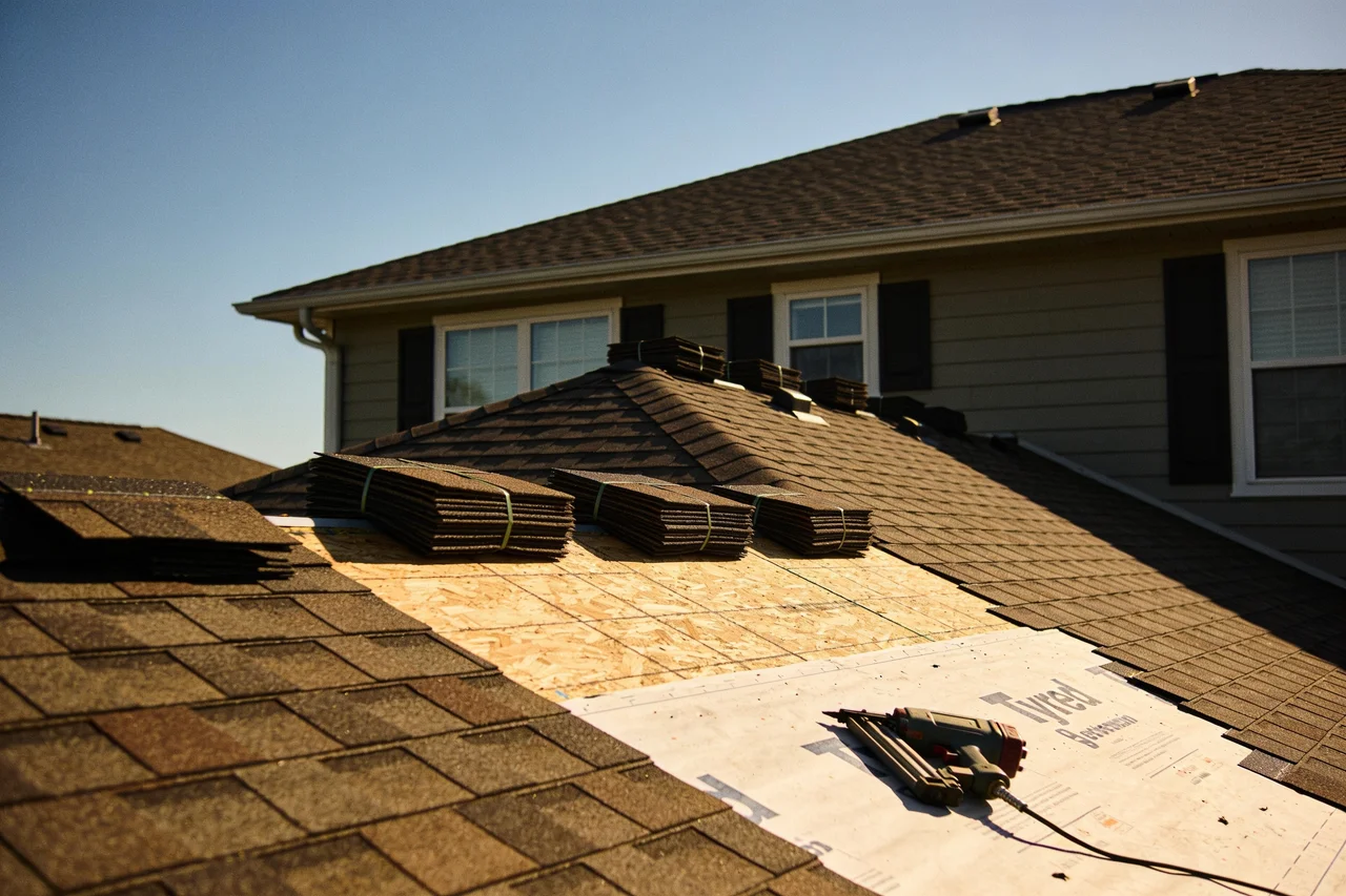 Asphalt shingle roof replacement in progress with bundles staged on the deck