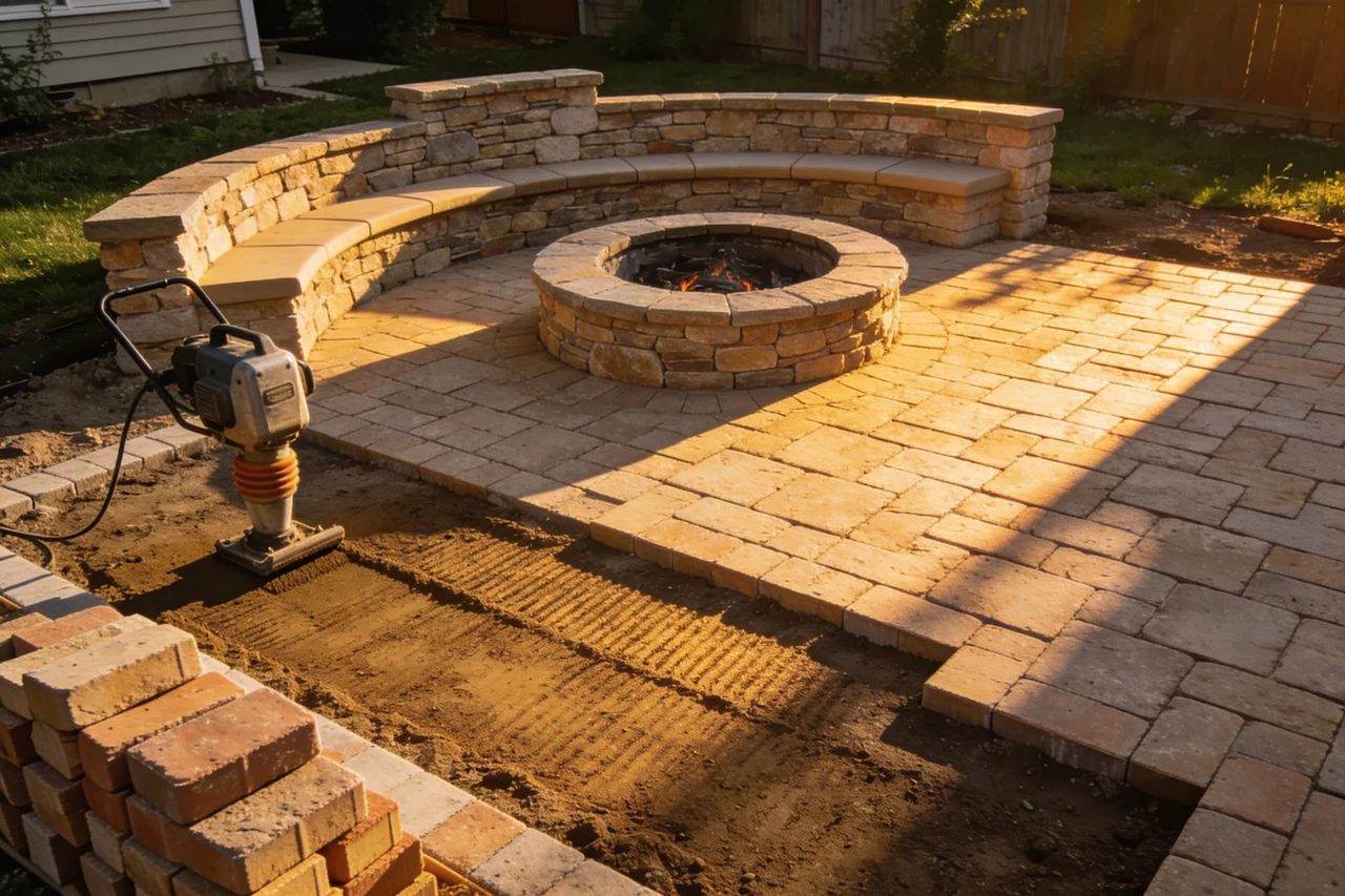 Freshly laid paver patio with a stone fire pit and seating wall at golden hour