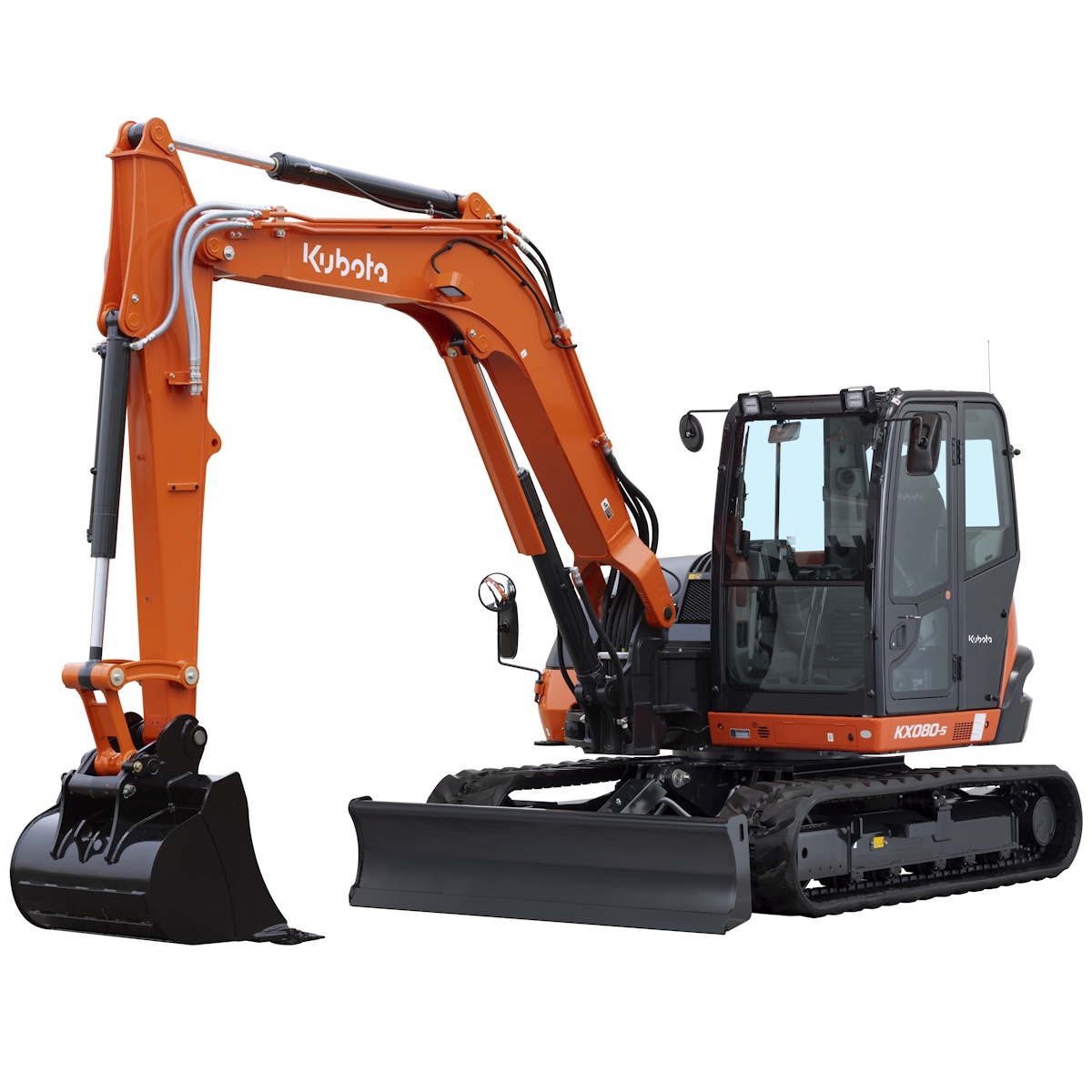 Kubota KX080 excavator with bucket, enclosed cab and dozer blade