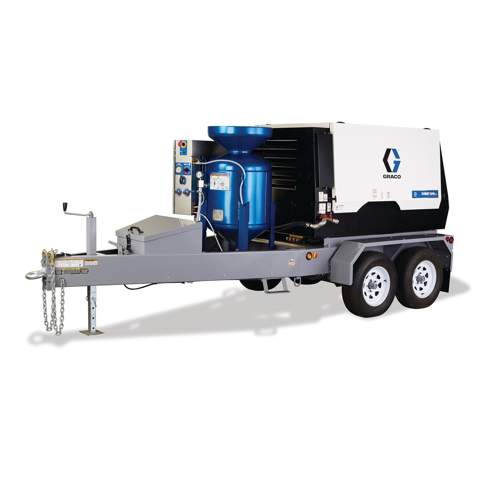 Graco EcoQuip 2 vapor abrasive blasting trailer with blast pot and compressor enclosure