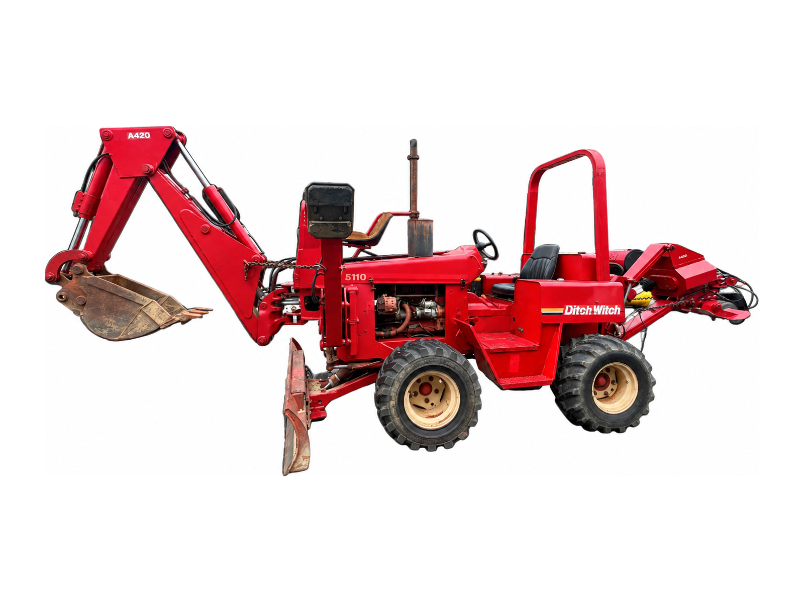 Red Ditch Witch 5110 utility tractor with backhoe and rear plow attachment