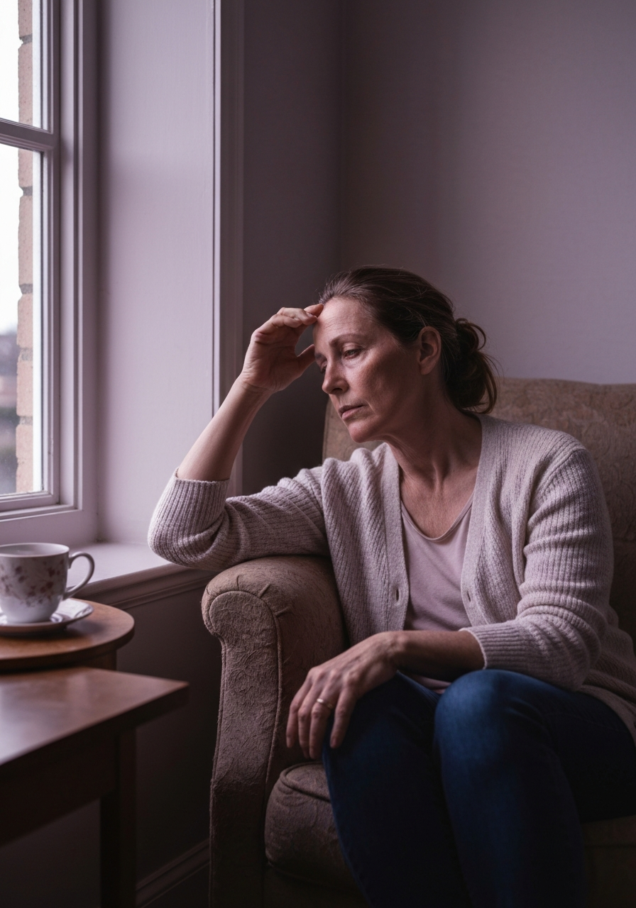 Une femme assise dans un fauteuil, regard absent par la fenêtre, douleur chronique